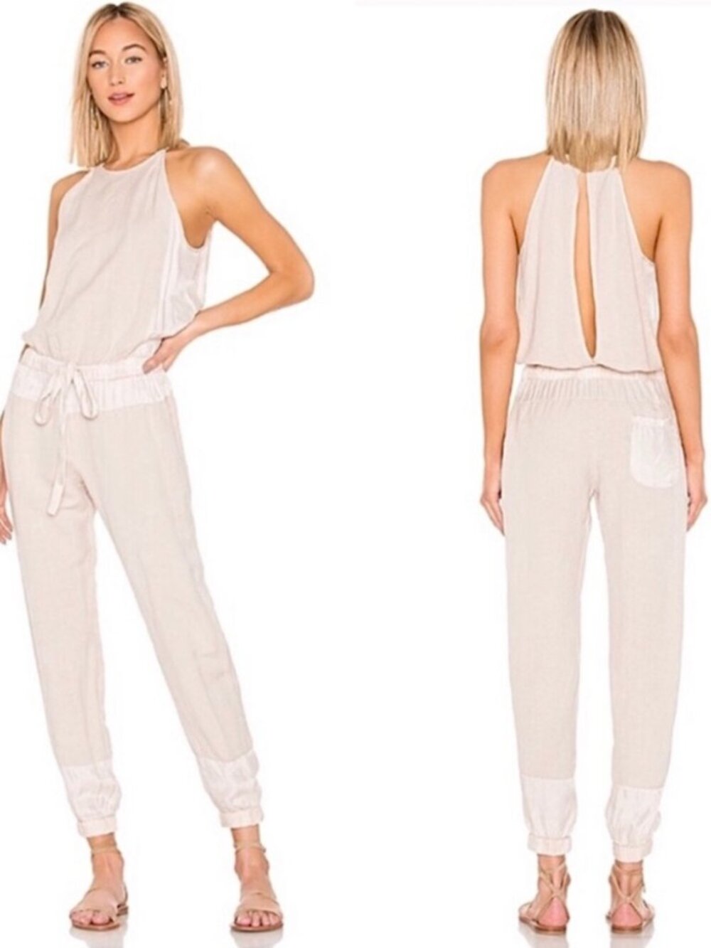 Young, Fabulous & Broke Beige & Cream Linen Drawstring Jogger Jumpsuit XS